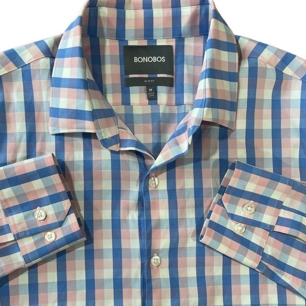 Bonobos Slim Fit Gingham Performance Shirt Mens Medium Blue Pink 23254-PPM59
